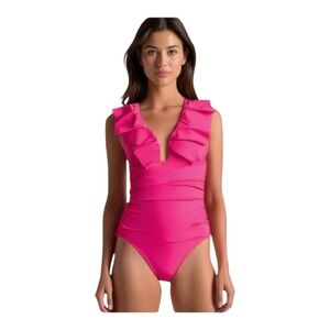 J. Crew Ruched Ruffle One Piece Swimsuit Pink‎ NWT Size 10 Colorful Bright Girly